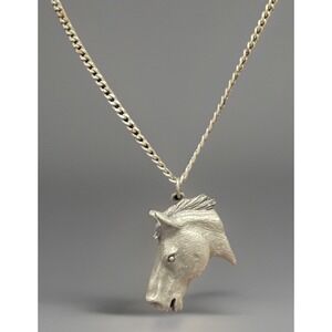 Vtg Pewter Horse Head Necklace Silver Chain